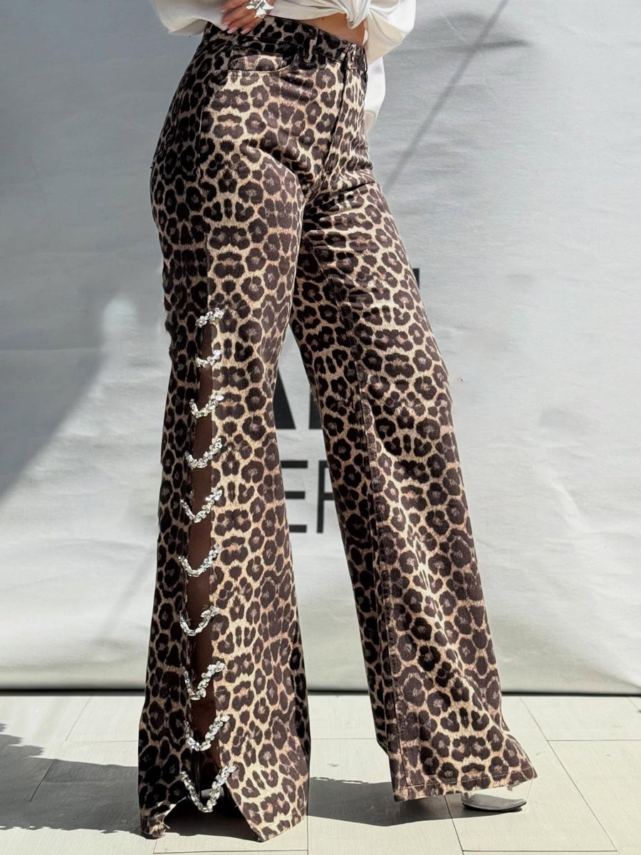 Rhinestone Sparkle Leopard-Print Wide-Leg Pants