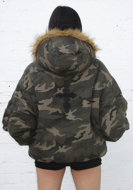 Reversible Camo & Faux Fur Jacket with Cross Embellishment