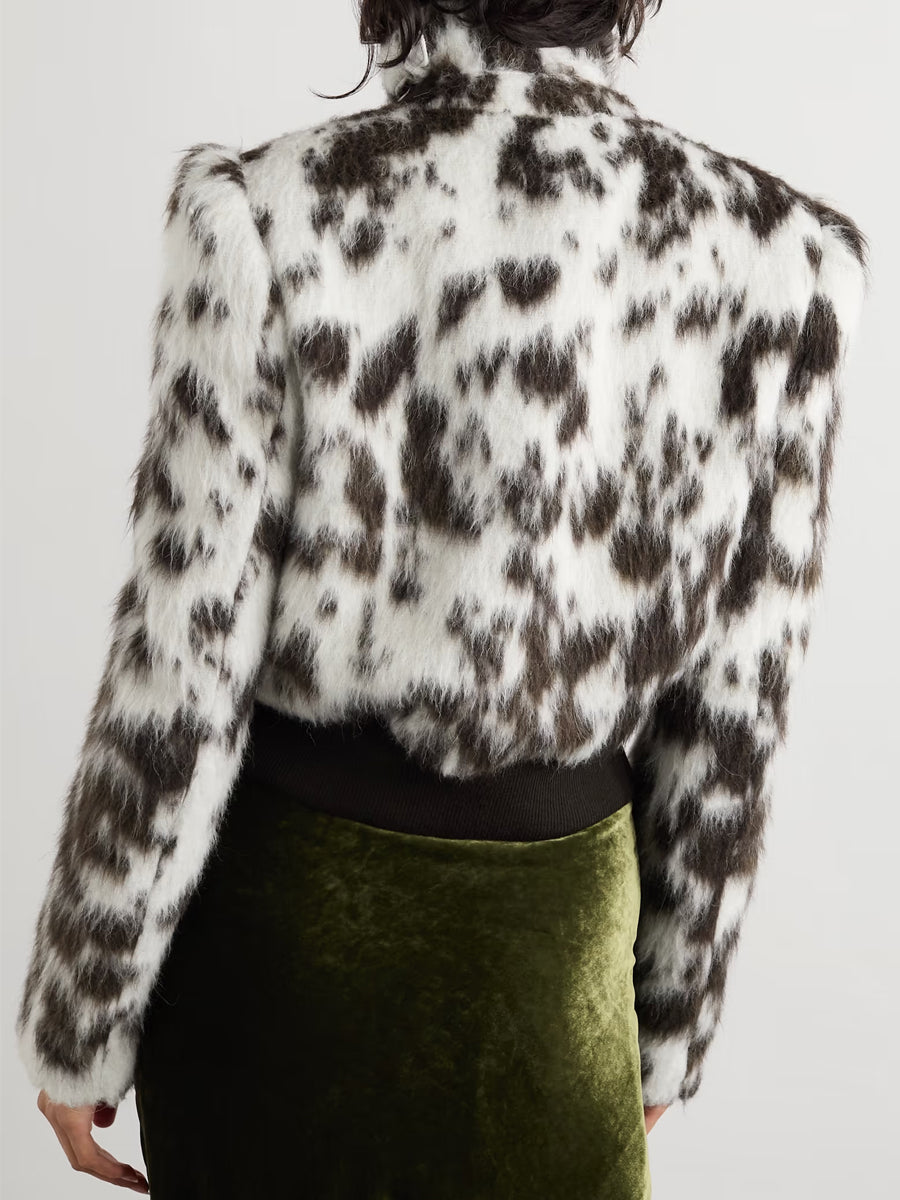 Black and White Spotted Faux Fur Cropped Double - Breasted Jacket