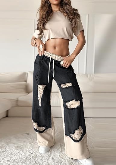 Womens Baggy Patchwork Jeans Wide Leg Drawstring Elastic Waist Ripped Y2k Stretchy Denim Pants Sweatpants