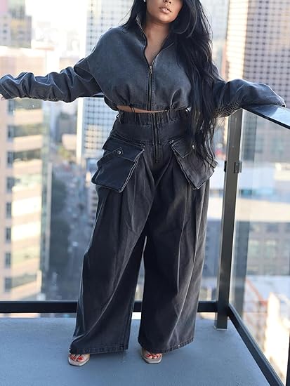 Women's Denim Two-Piece Suit (Zip Long-Sleeve Cropped Jacket + Wide-Leg Pants)