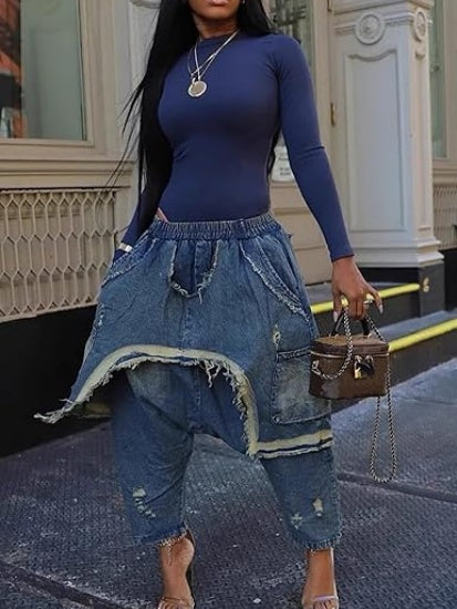 Womens Harem Jeans Baggy Cargo Hippie Patchwork Denim Pants Casual Elastic Waist Wide Leg Jogger Trousers