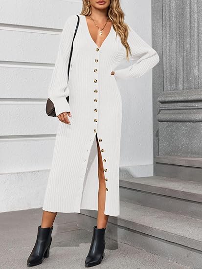 Womens Long Cardigans V Neck Button Down Chunky Knit Dusters Sweater Coat