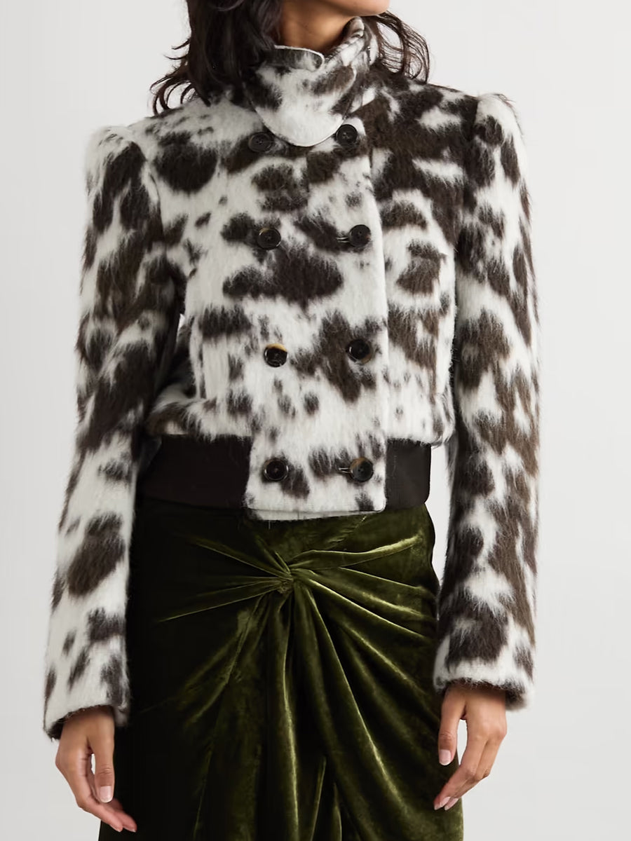 Black and White Spotted Faux Fur Cropped Double - Breasted Jacket