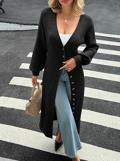 Womens Long Cardigans V Neck Button Down Chunky Knit Dusters Sweater Coat