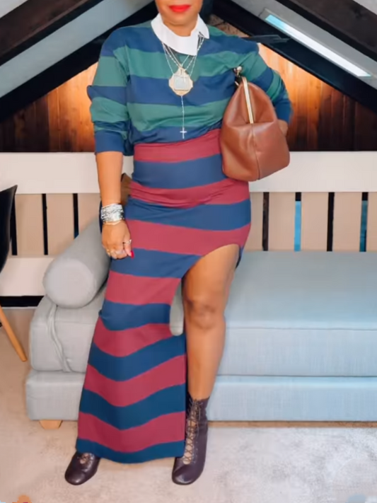 Color Block Stripe Midi Skirt Set – Contrast Top & Slit Skirt for Chic Style