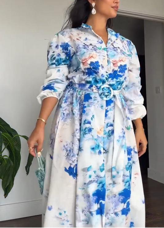Beige fitted shirt dress with blue flowers (Belt Included)