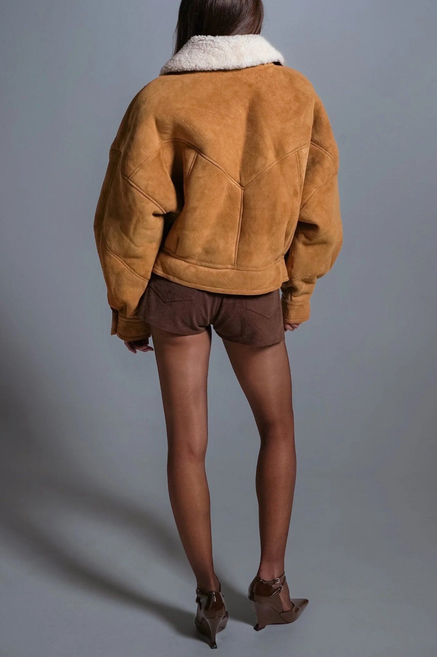 Tan Suede Shearling - Lined Cropped Jacket with Oversized Collar