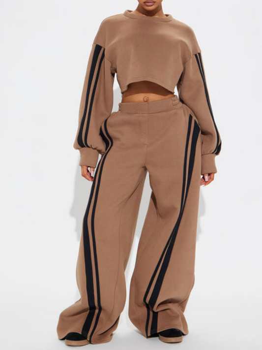 Women's Brown Cropped Sweatshirt and Wide-Leg Pants Set with Black Stripes