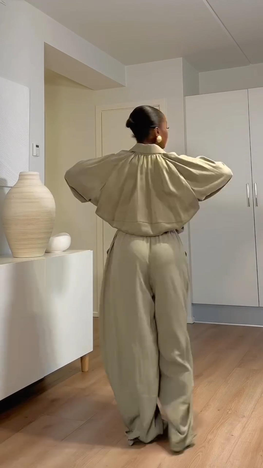Women's Olive - Green Oversized Zip - Up Jacket and Wide - Leg Pants Set