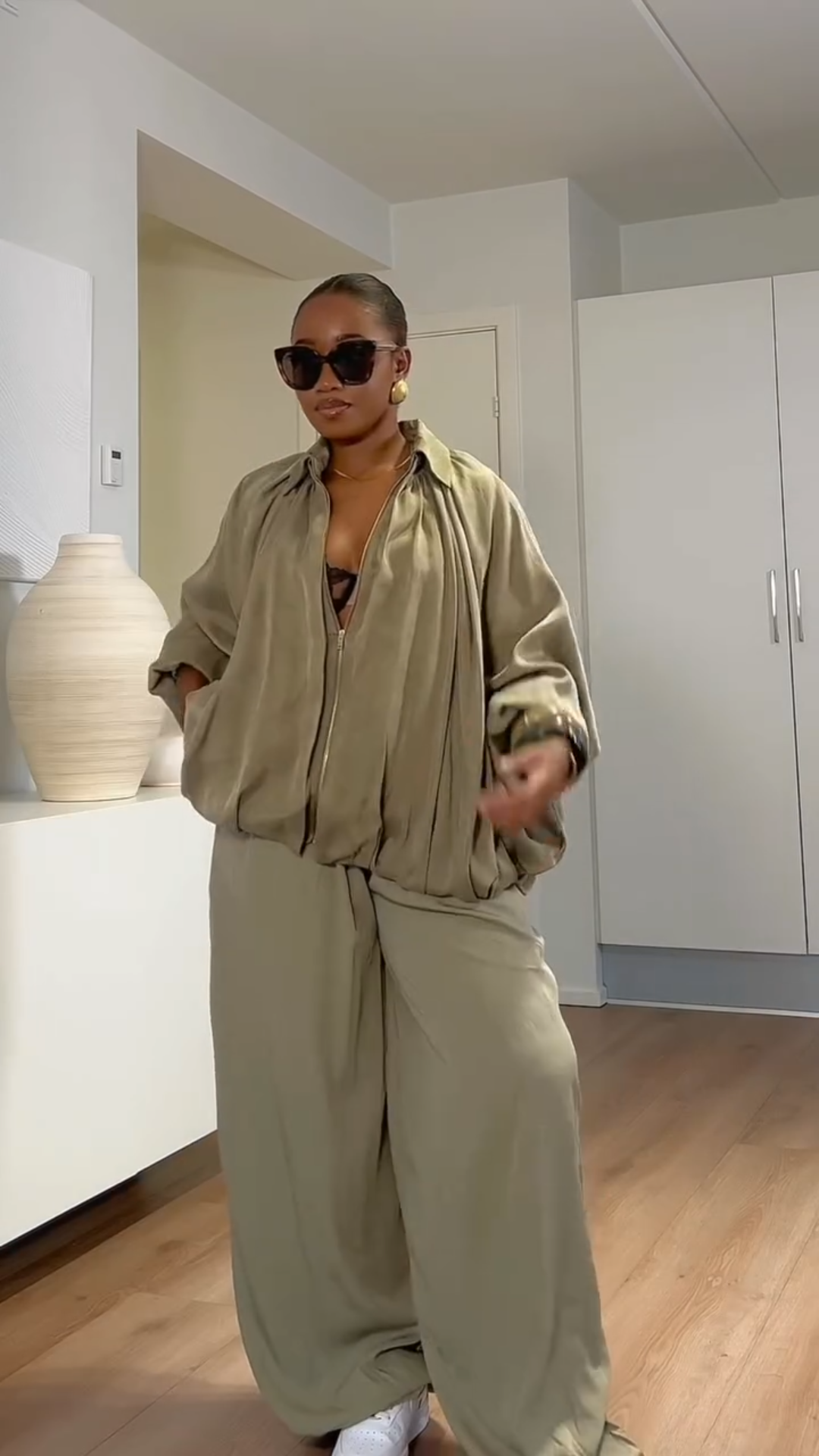 Women's Olive - Green Oversized Zip - Up Jacket and Wide - Leg Pants Set