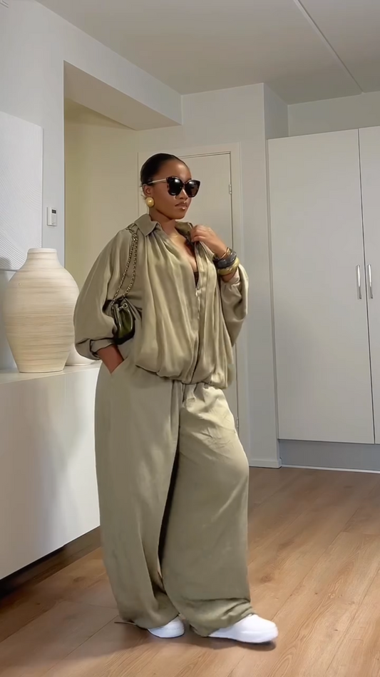 Women's Olive - Green Oversized Zip - Up Jacket and Wide - Leg Pants Set