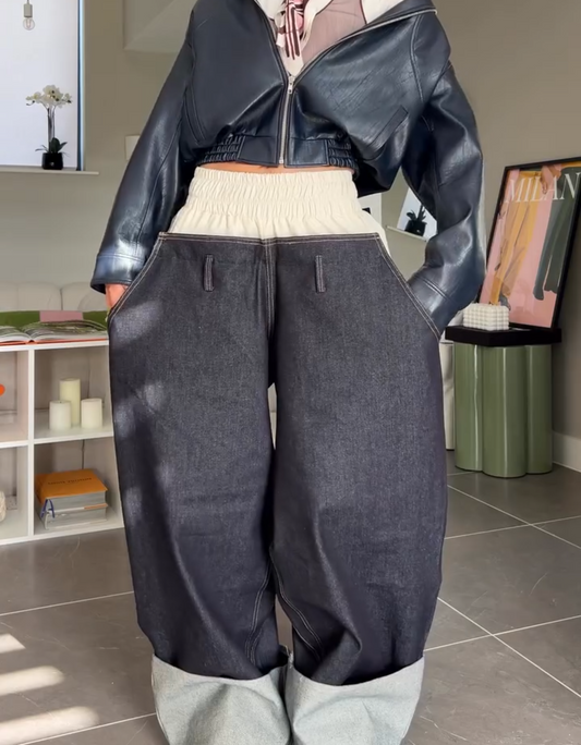 Oversized Wide-Leg Denim Trousers with Contrast Waistband and Cuffs