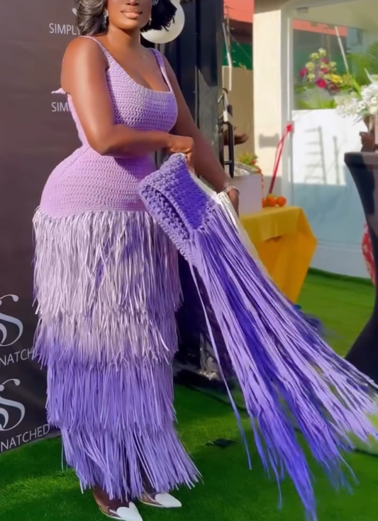Lavender Crochet Tiered Fringe Midi Dress