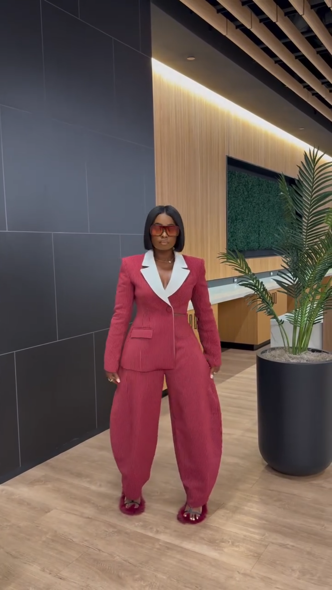 Red Pinstripe Contrast Collar Cutout Suit Set