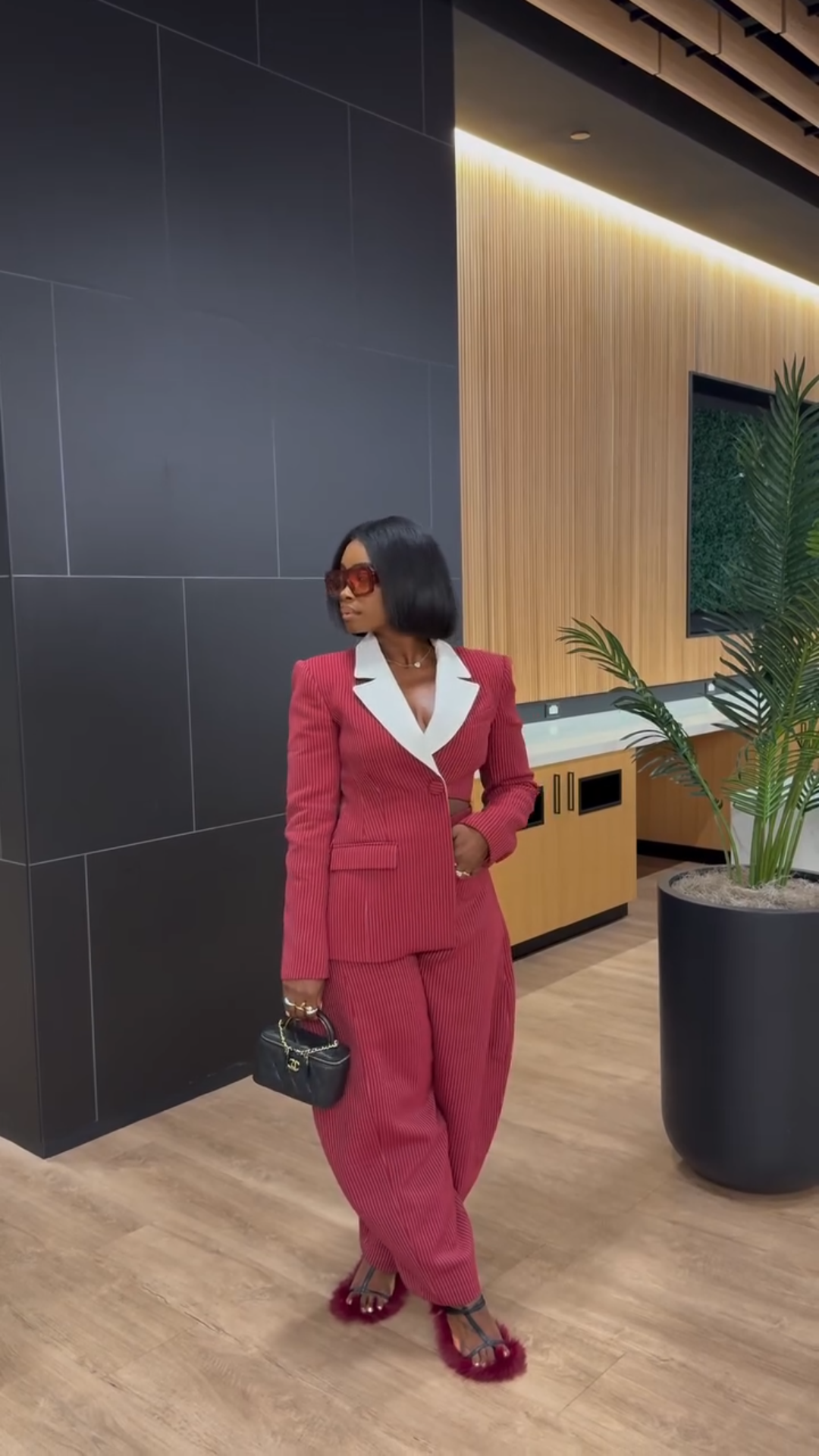 Red Pinstripe Contrast Collar Cutout Suit Set