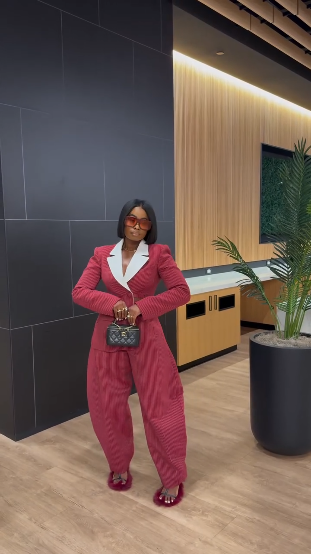 Red Pinstripe Contrast Collar Cutout Suit Set