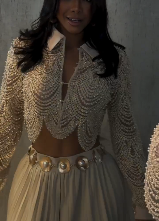 Pearl-Embellished Crochet Crop Jacket