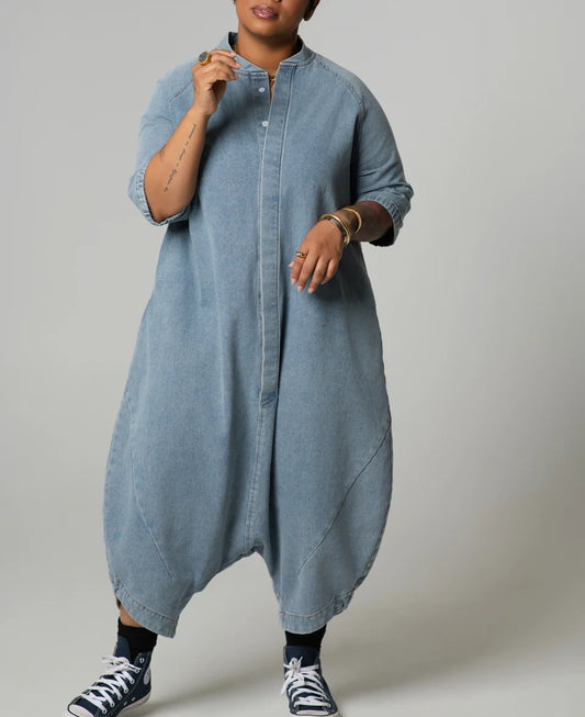 Plus Size Denim Harem Jumpsuit – Oversized Relaxed Fit with Half Sleeves