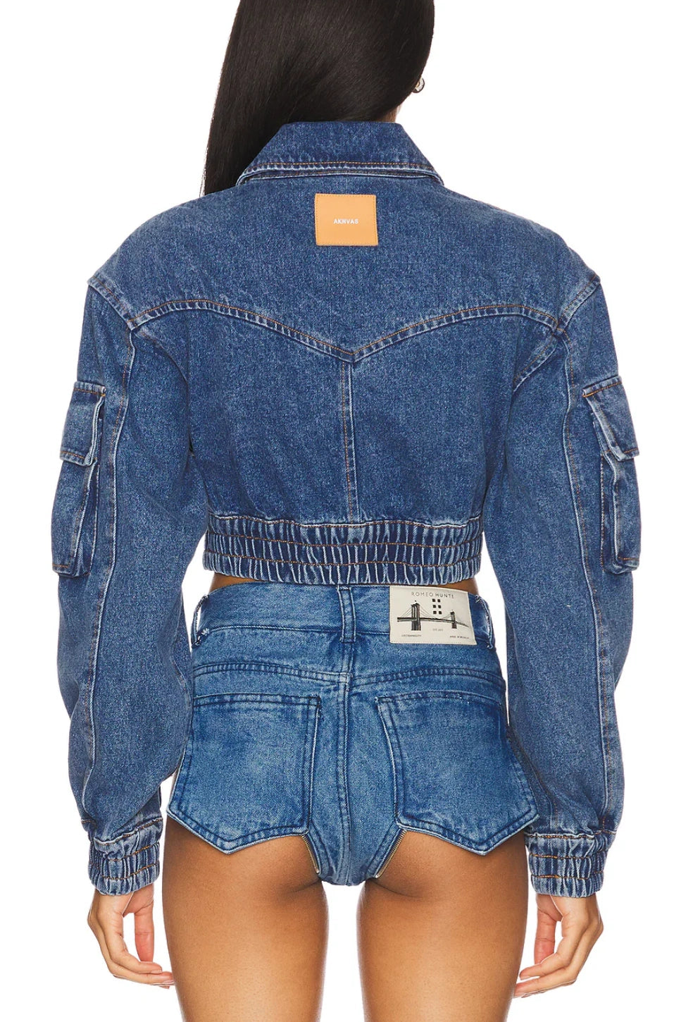 Blue Denim Cropped Cargo Jacket with Multiple Pockets