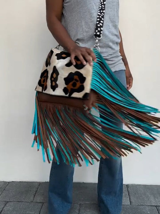 Leopard Print Fringe Crossbody Bag – Bohemian Style with Colorful Tassels