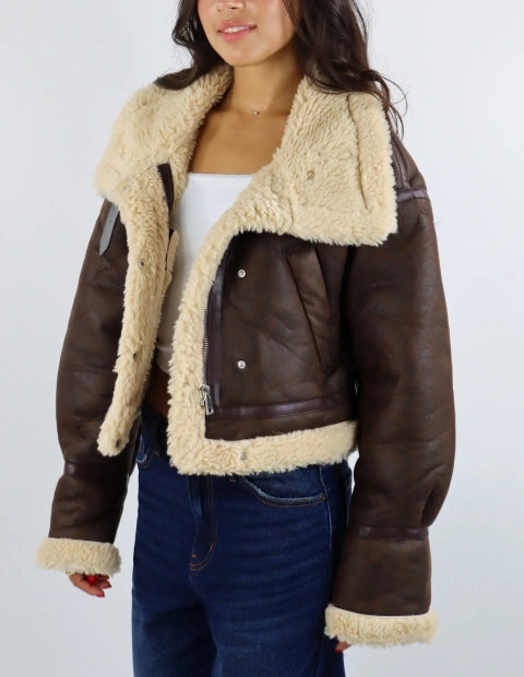 Faux Leather Jacket With Sherpa Detail ★ Brown