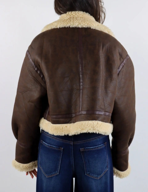 Faux Leather Jacket With Sherpa Detail ★ Brown