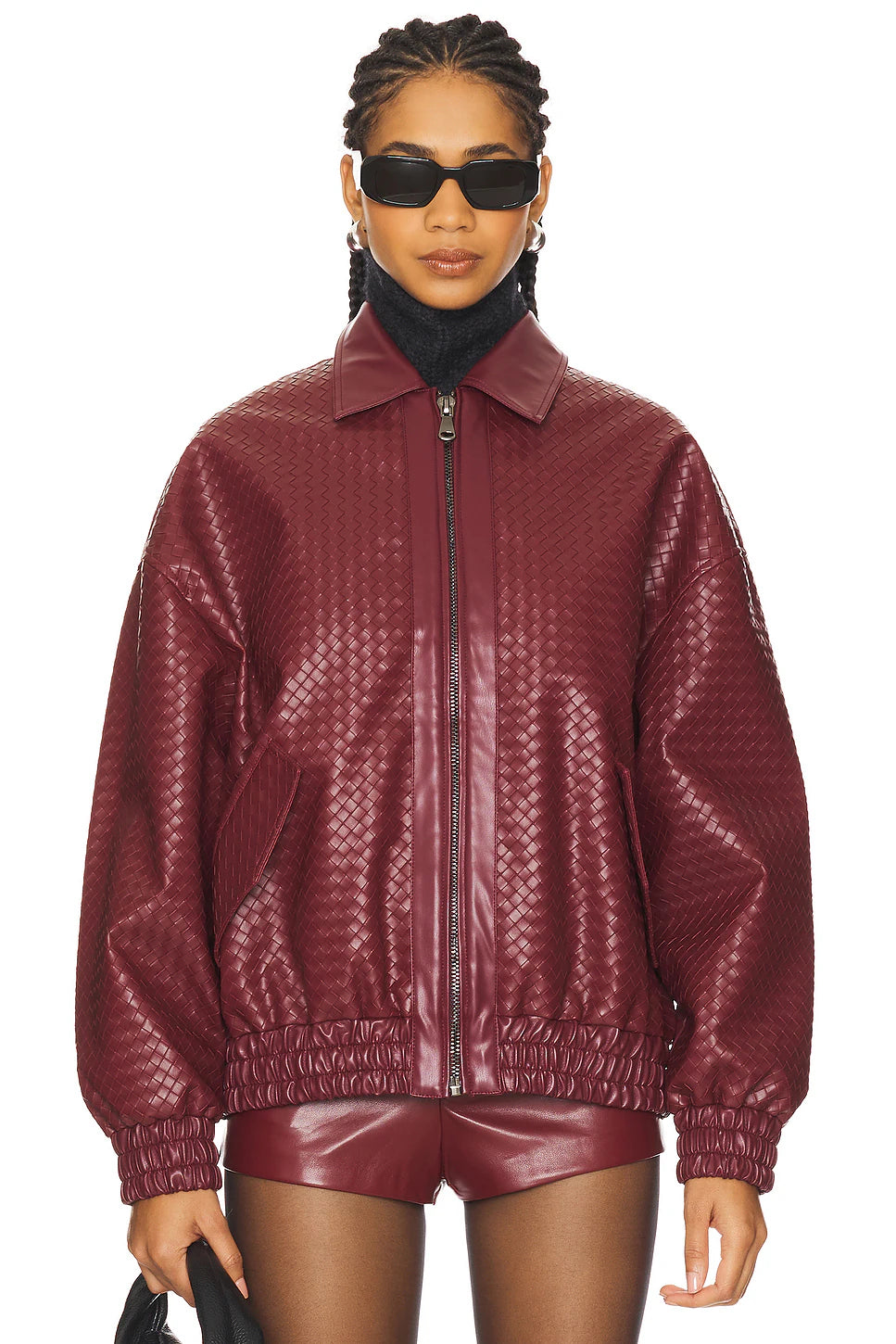 Burgundy Woven Faux Leather Oversized Bomber Jacket