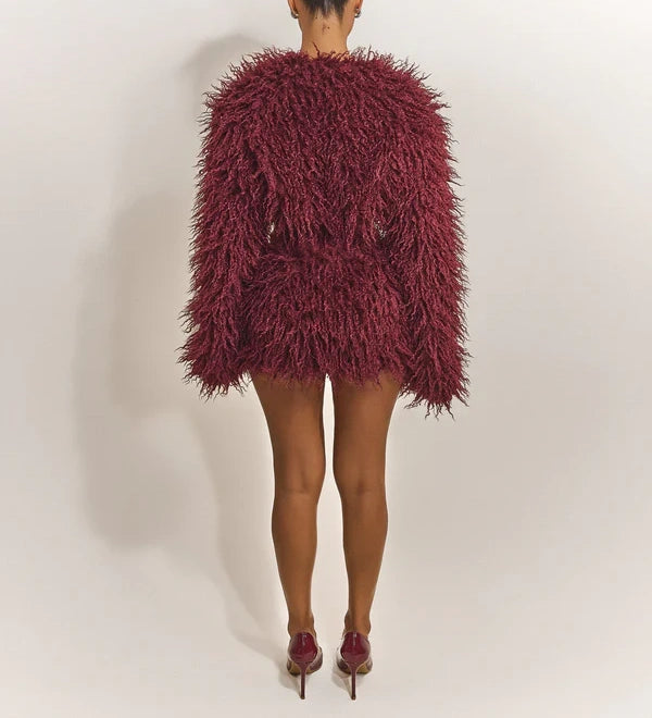 Burgundy Fuzzy Textured Two - Piece Set