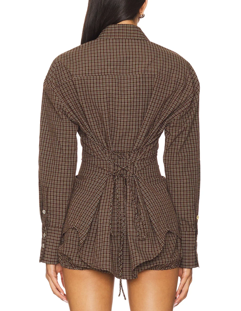 Brown Plaid Shirt Jacket with Back Lace - Up Waist Detail
