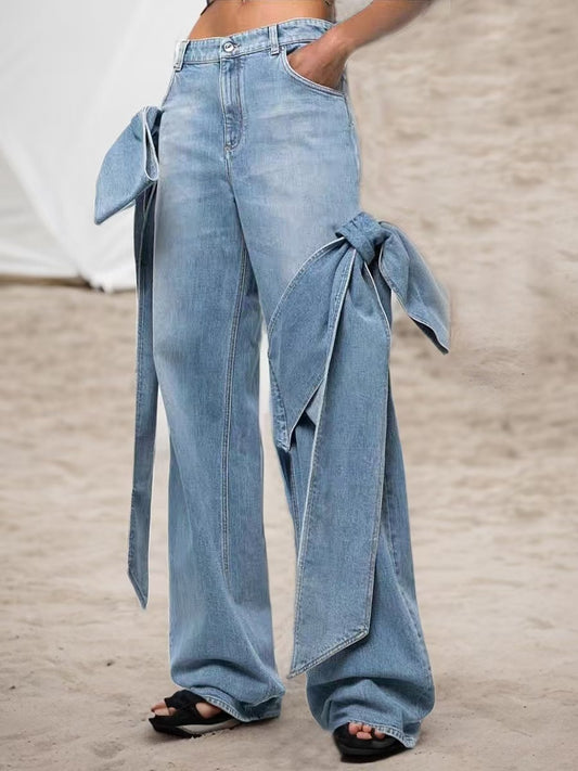 Women's straight jeans bow jeans high waist button front fashionable jeans