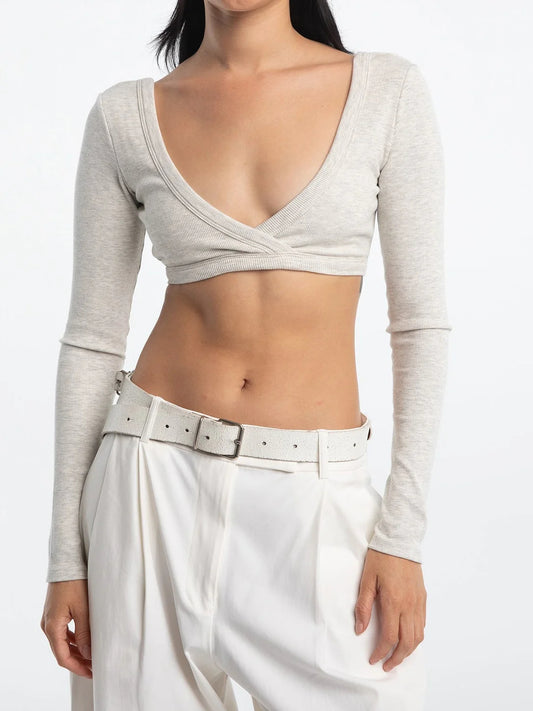 Women's Light Grey Ribbed Long - Sleeve Deep V Crop Top with Open Back