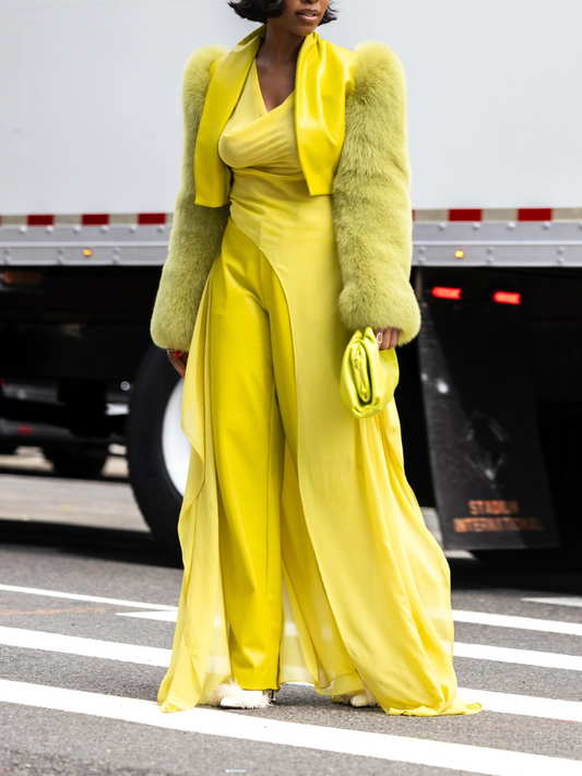 Women's Bright Yellow Satin Jumpsuit with Green Fur - Trimmed Jacket