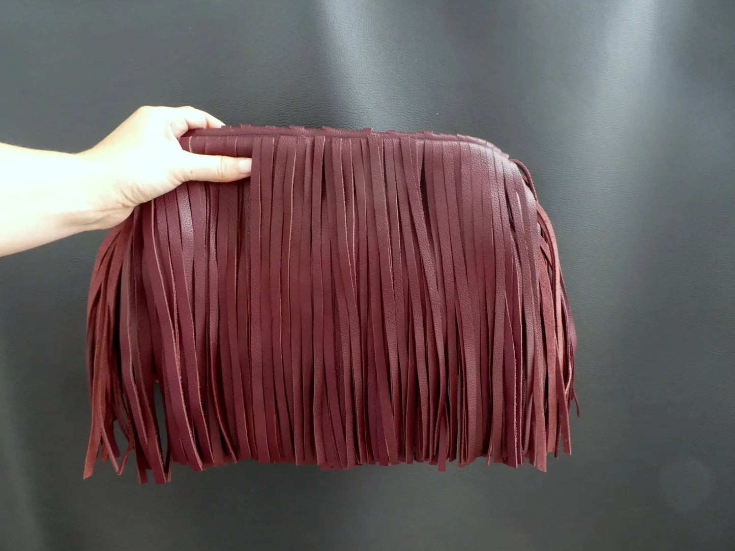 Burgundy genuine leather fringed framed clutch, Leather large cloud bag with tassels, Handmade Oversized puffball retro Dumpling purse