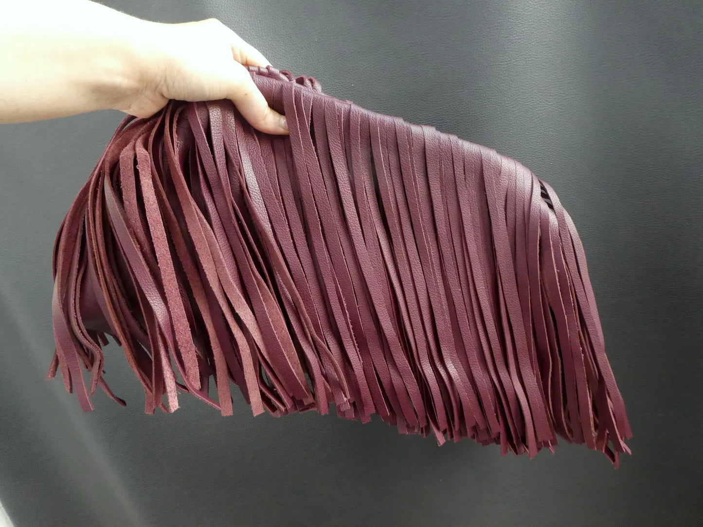 Burgundy genuine leather fringed framed clutch, Leather large cloud bag with tassels, Handmade Oversized puffball retro Dumpling purse