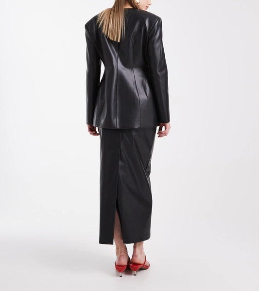 Black Faux Leather Structured Blazer & Midi Skirt Set