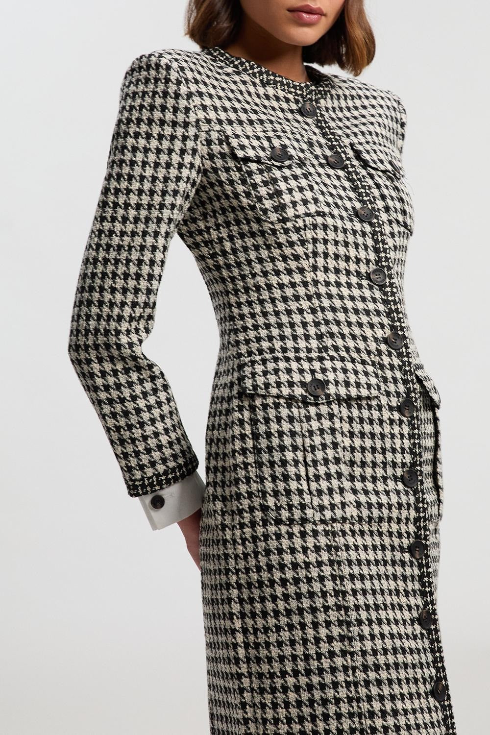 Black and White Houndstooth Tweed Midi Coat Dress with Structured Shoulders