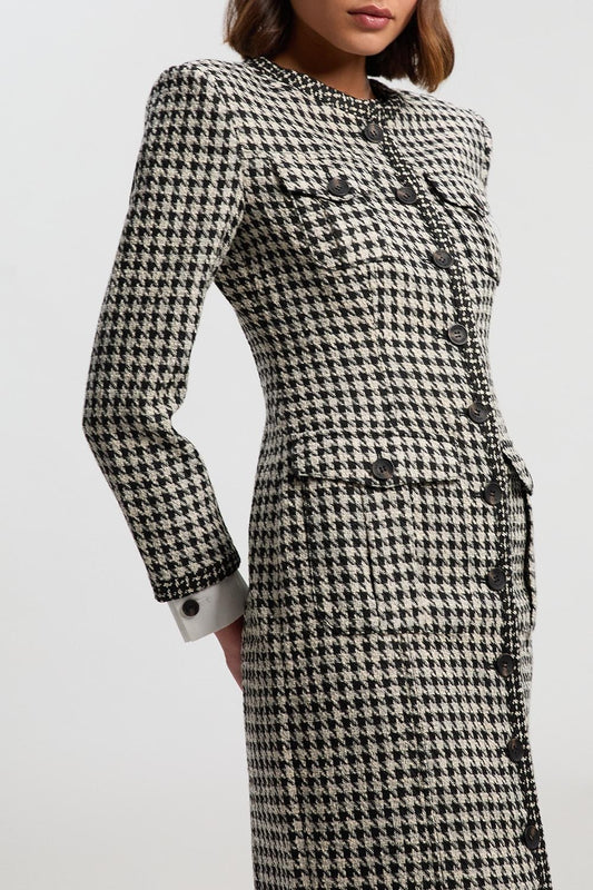 Black and White Houndstooth Tweed Midi Coat Dress with Structured Shoulders