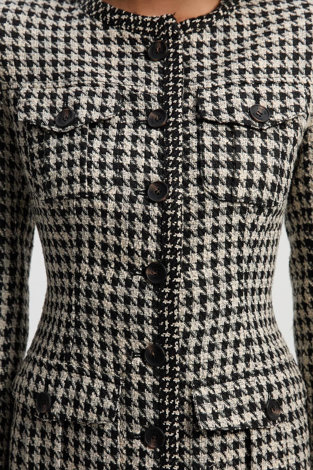 Black and White Houndstooth Tweed Midi Coat Dress with Structured Shoulders