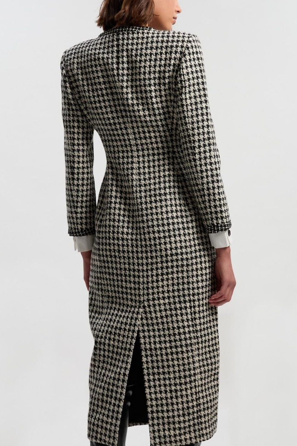 Black and White Houndstooth Tweed Midi Coat Dress with Structured Shoulders