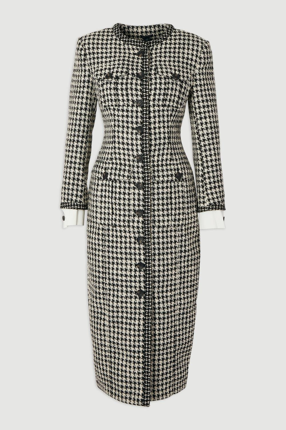Black and White Houndstooth Tweed Midi Coat Dress with Structured Shoulders