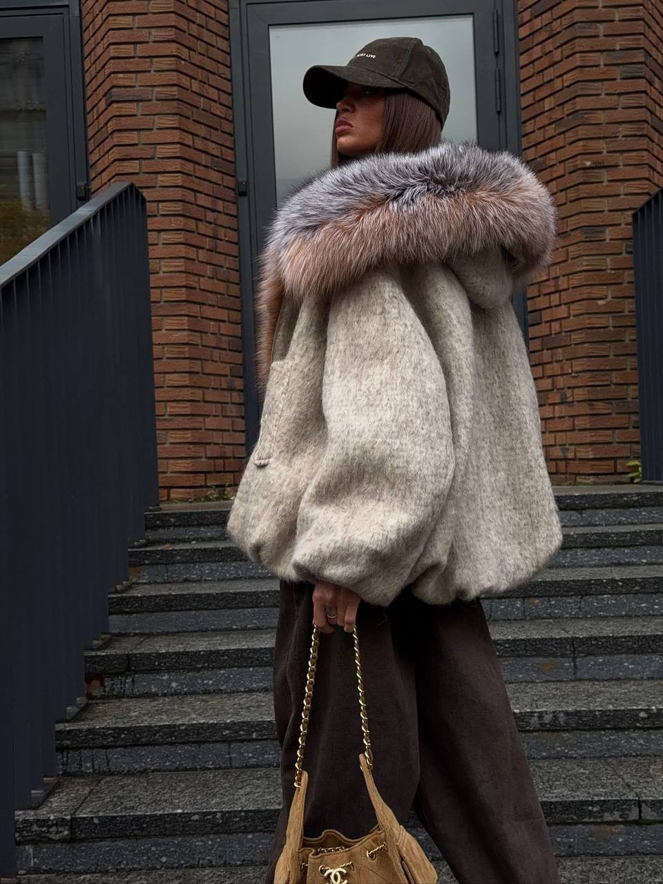 Beige Oversized Knit Jacket with Multi - Tone Faux Fur Lined Hood