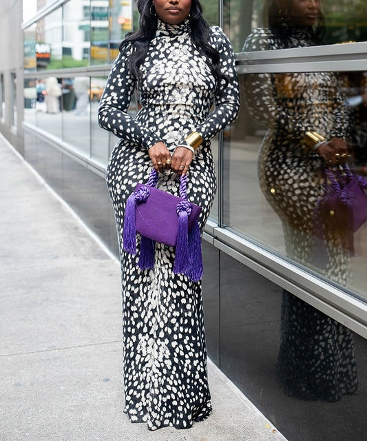 Black and White Speckled Turtleneck Maxi Dress