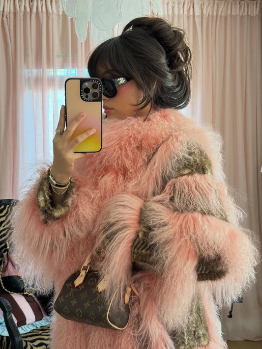 Pink and Leopard Print Faux Fur Oversized Statement Jacket