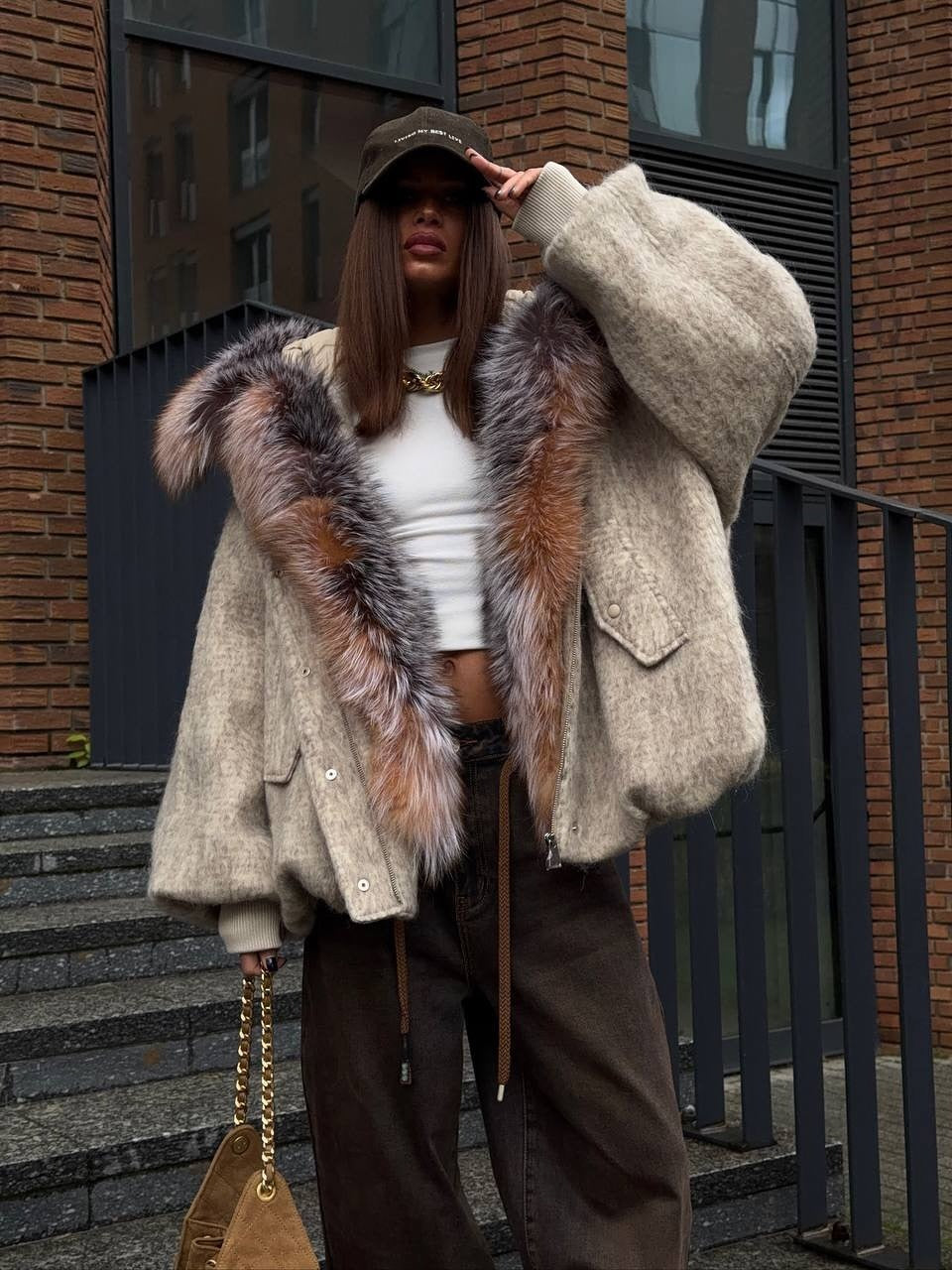 Beige Oversized Knit Jacket with Multi - Tone Faux Fur Lined Hood