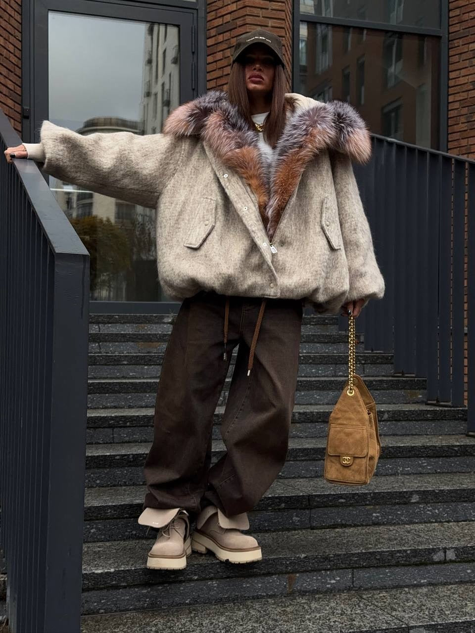 Beige Oversized Knit Jacket with Multi - Tone Faux Fur Lined Hood