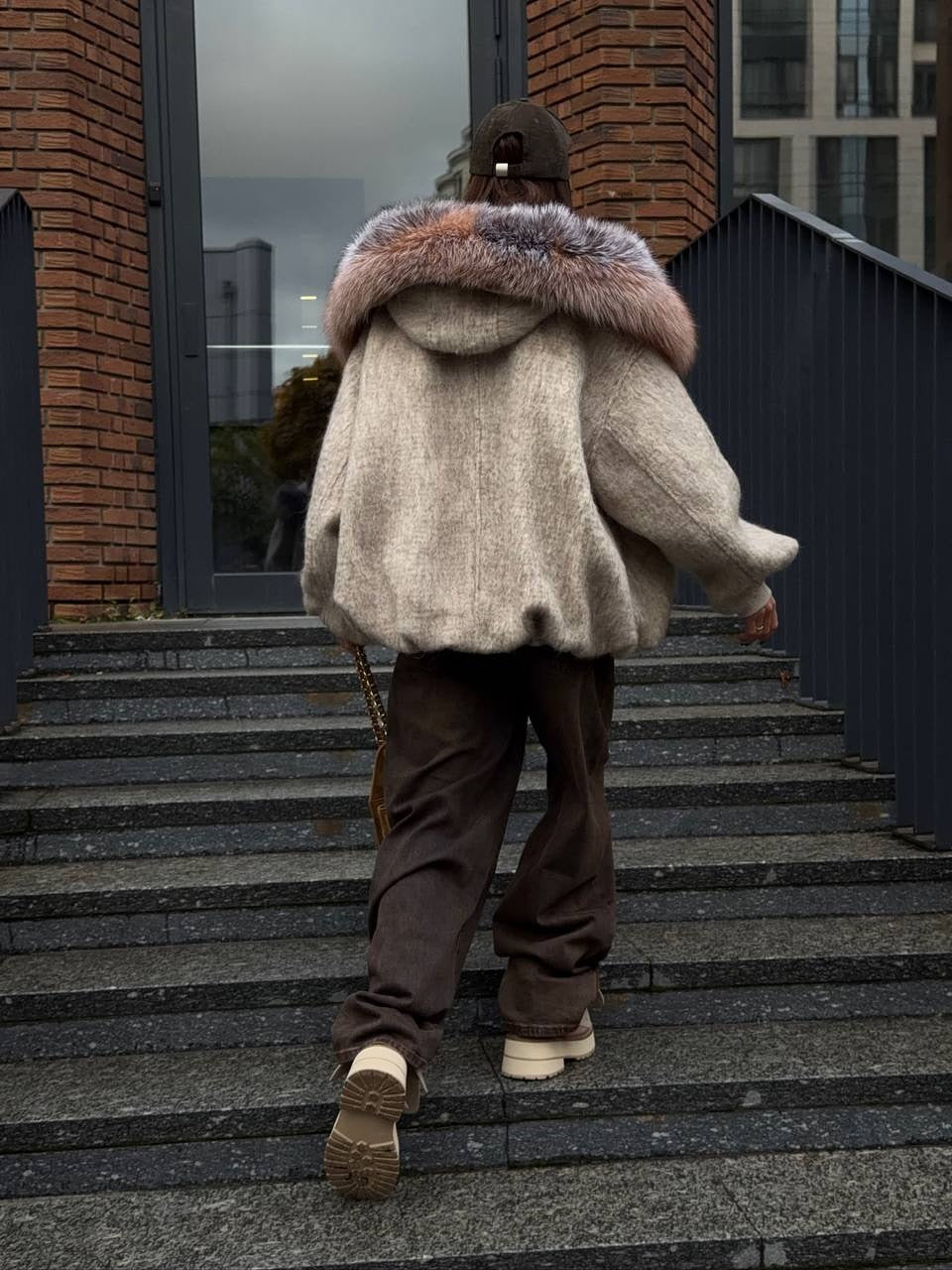 Beige Oversized Knit Jacket with Multi - Tone Faux Fur Lined Hood