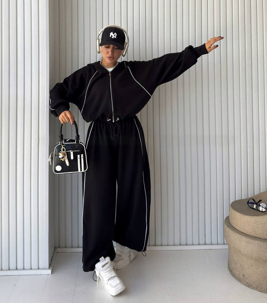 Zip - Up Hoodie & Sweatpants Tracksuit Set with White Piping