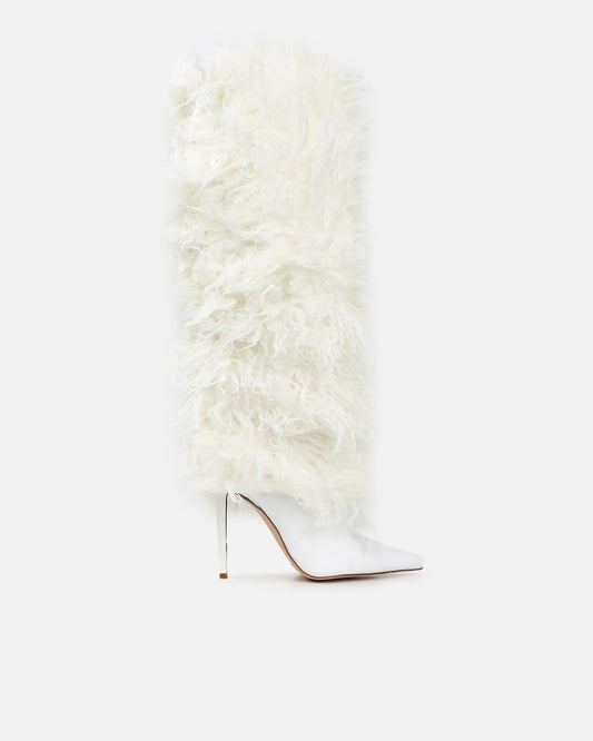 White Faux Fur Fold Over Knee Boots