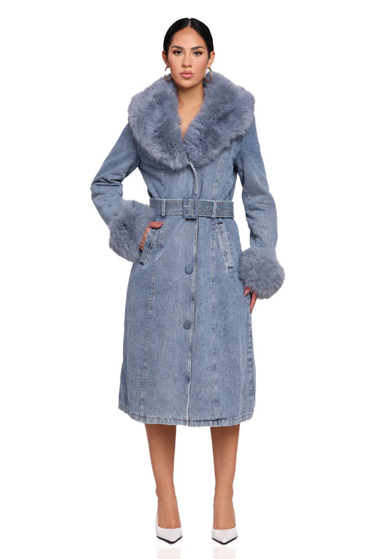 Snowfall Denim Faux Fur Trim Coat